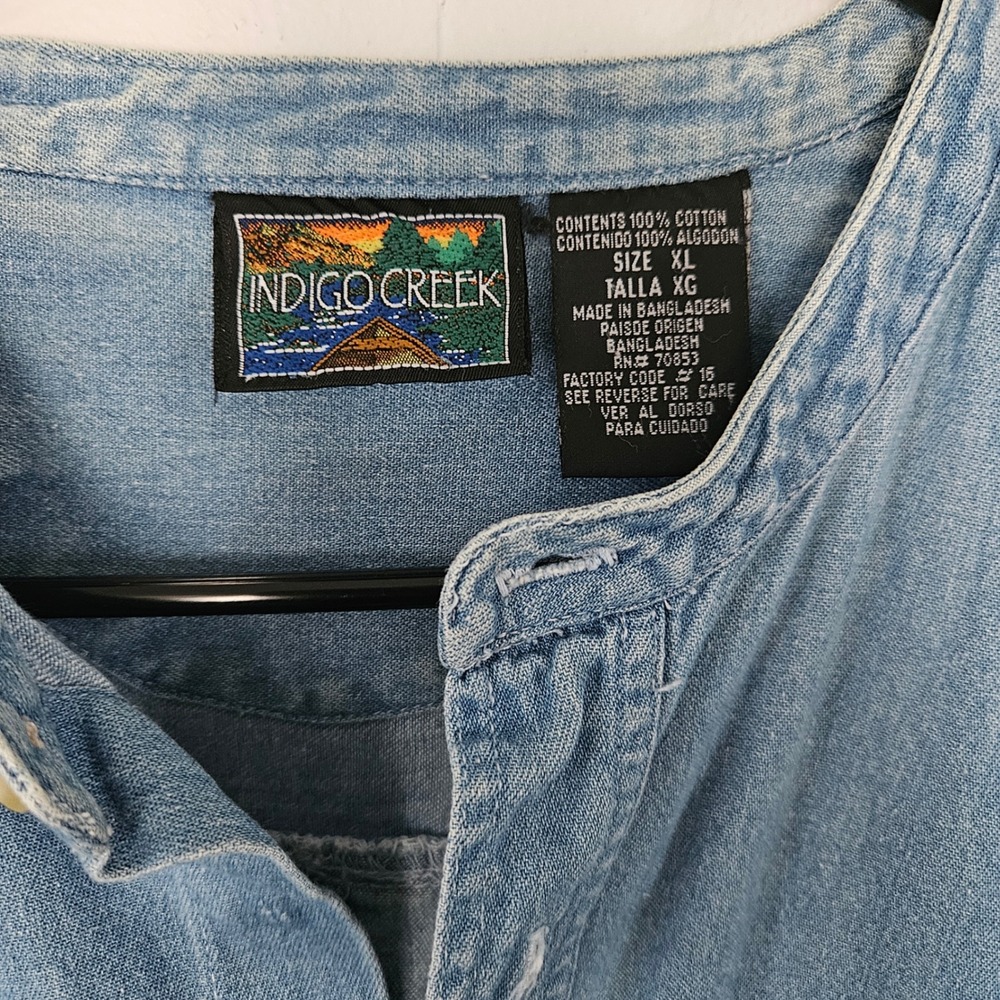 Vintage Denim Shirt Mens XL Band Collar Grandad Collar Timeless Button Up - Picture 4 of 8
